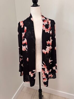 Babaton Floral Kimono Jacket Open Front Black Floral PinkPeach Oversized Sz XS/S